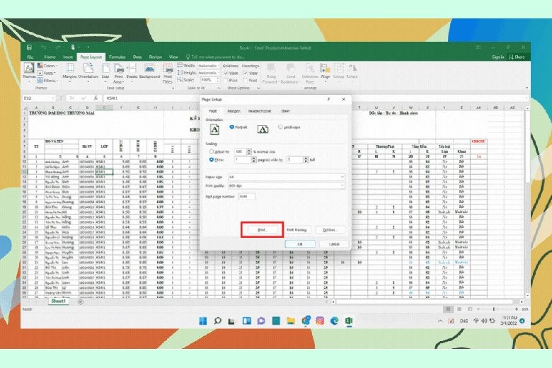 Chế độ Page Break Preview trong Excel, hiển thị các đường ngắt trang màu xanh