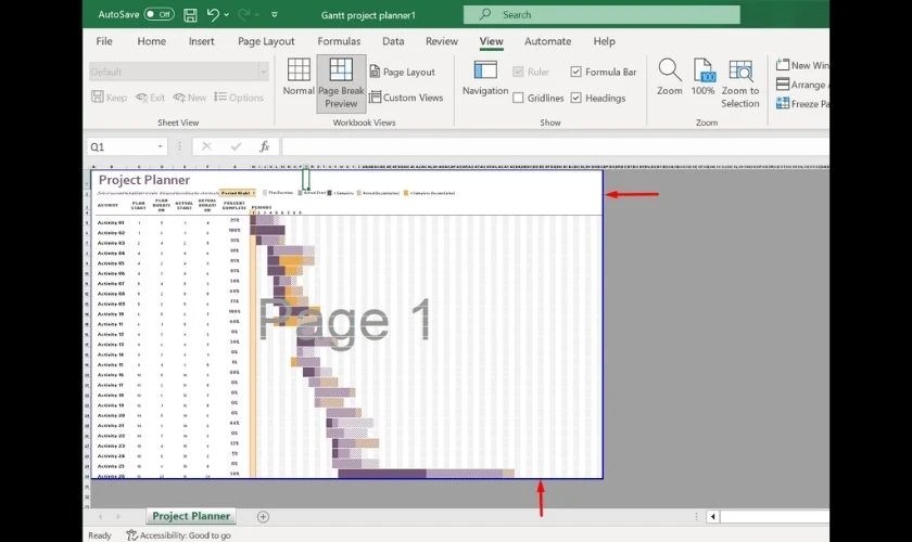 Kéo thả đường kẻ ngắt trang màu xanh trong Page Break Preview để căn chỉnh nội dung in Excel vừa A4