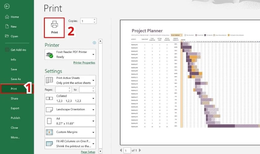 Nhấn biểu tượng Print hoặc sử dụng tổ hợp phím tắt Ctrl + P để in nhanh tài liệu Excel sau khi căn chỉnh ngắt trang