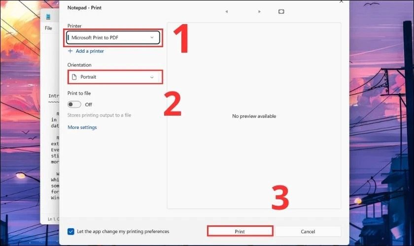 Tùy chọn in trong Notepad trên Windows, lựa chọn Microsoft Print to PDF