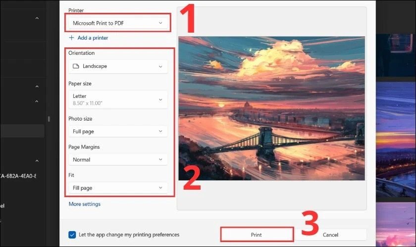 Giao diện in hình ảnh trên Windows, chọn Microsoft Print to PDF để lưu ảnh dưới dạng PDF