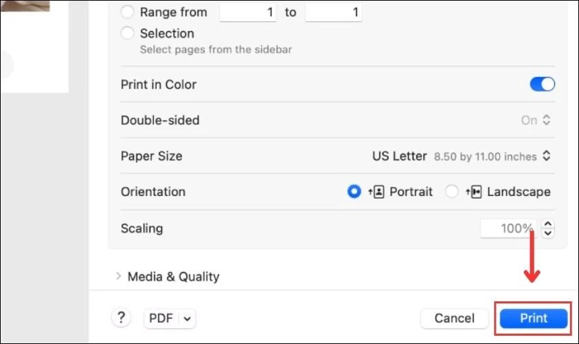 Hoàn tất cài đặt và nhấn nút Print để thực hiện cách in file PDF trên Macbook