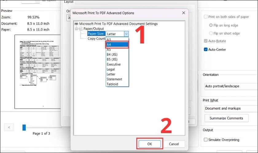 Cài đặt kích thước giấy A4 trong Properties của máy in khi dùng Foxit Reader