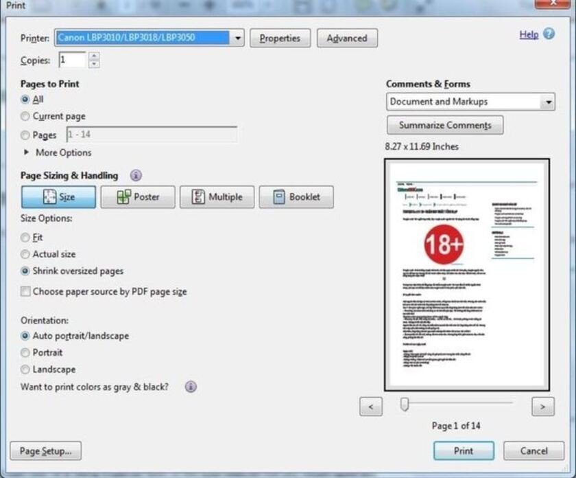 Tùy chỉnh in file PDF vừa khổ A4 trong Adobe Reader với lựa chọn Page Sizing