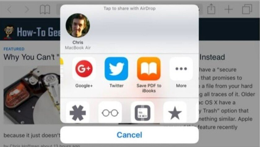 Giao diện chia sẻ trên iPhone cho phép lưu PDF vào iBooks hoặc in trực tiếp