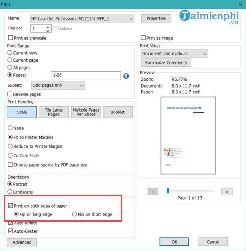 Chọn Print on both sides of paper để thực hiện cách in hai mặt file PDF tự động