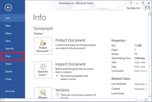 Mở giao diện lệnh in tài liệu trong Microsoft Word