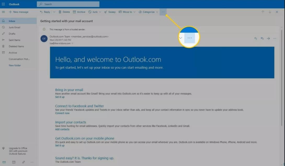 Giao diện Outlook Online với tùy chọn Thêm lệnh để bắt đầu cách in email trong outlook