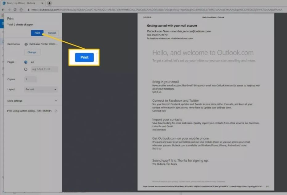 Hộp thoại tùy chỉnh máy in khi thực hiện cách in email trong outlook online