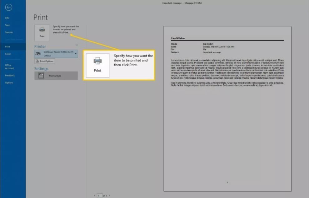 Tùy chọn In trong menu Tệp của ứng dụng Outlook trên máy tính