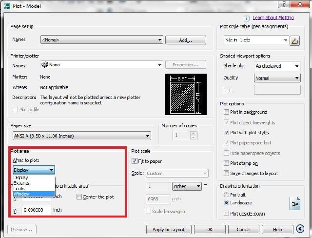 Chọn Window trong mục What to plot để xác định vùng in bản vẽ CAD màu