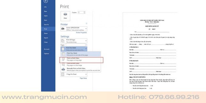 Giao diện cài đặt lệnh in tài liệu trên máy tính cho Canon 3010