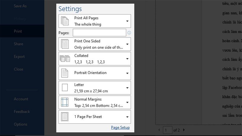 Các thiết lập in ấn trong Word bao gồm lựa chọn trang, mặt in, và thứ tự sắp xếp khi in ngang