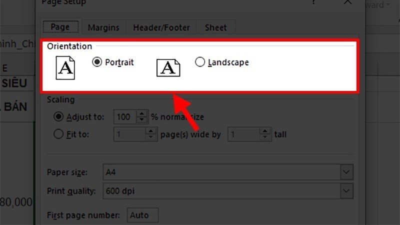 Tùy chọn Landscape được đánh dấu trong mục Orientation để thiết lập in ngang bảng tính Excel