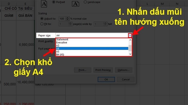 Lựa chọn khổ giấy A4 trong mục Paper size để in ngang file Excel đúng chuẩn