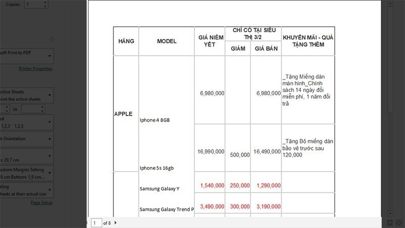 Kết quả xem trước trang in Excel sau khi đã thiết lập các tùy chọn in ngang và khổ giấy A4