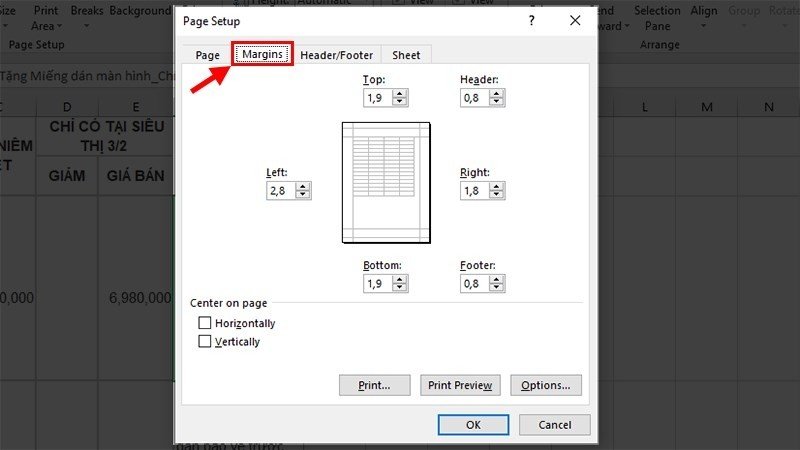 Tab Margins trong Page Setup Excel cho phép người dùng tùy chỉnh lề trang in ngang