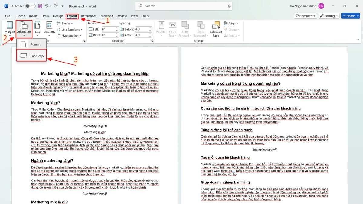 Hướng dẫn cách in ngang toàn bộ văn bản Word trên tab Layout