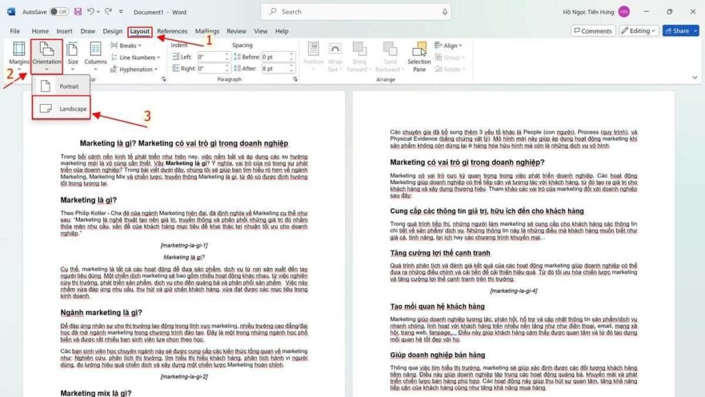 Hướng dẫn cách in ngang toàn bộ văn bản Word trên tab Layout