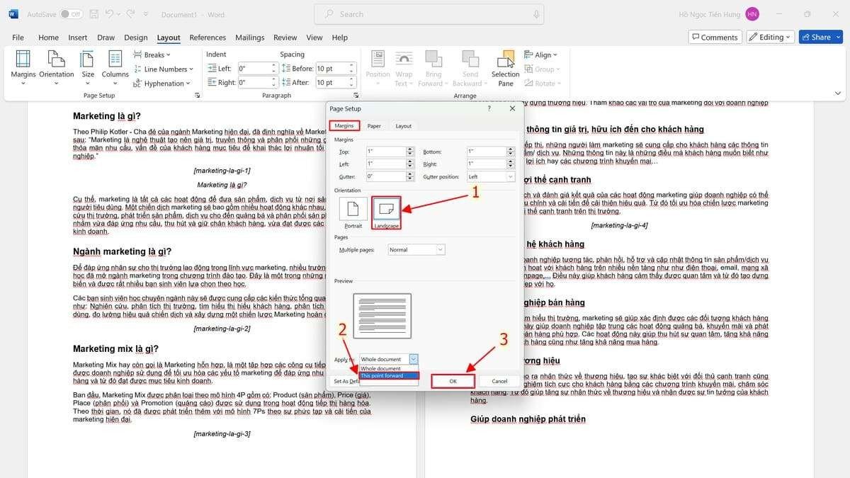 Tùy chỉnh xoay ngang một trang cụ thể trong Word bằng Page Setup