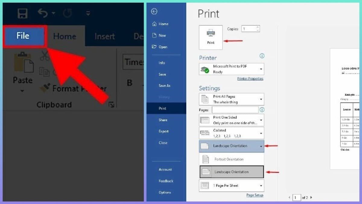 Thiết lập in ngang trong Word 2010 và 2007 từ cửa sổ Print