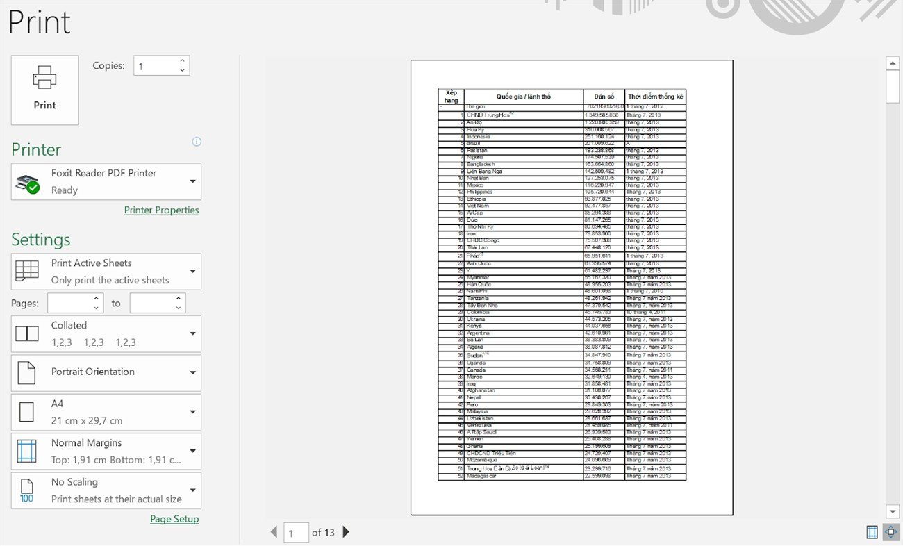 Menu File trong Excel được chọn để truy cập các tùy chọn, bao gồm lệnh Print