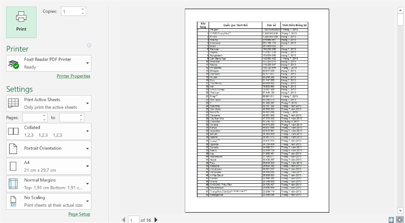 Lệnh Print được highlight trong menu File của Excel, sẵn sàng để mở hộp thoại in