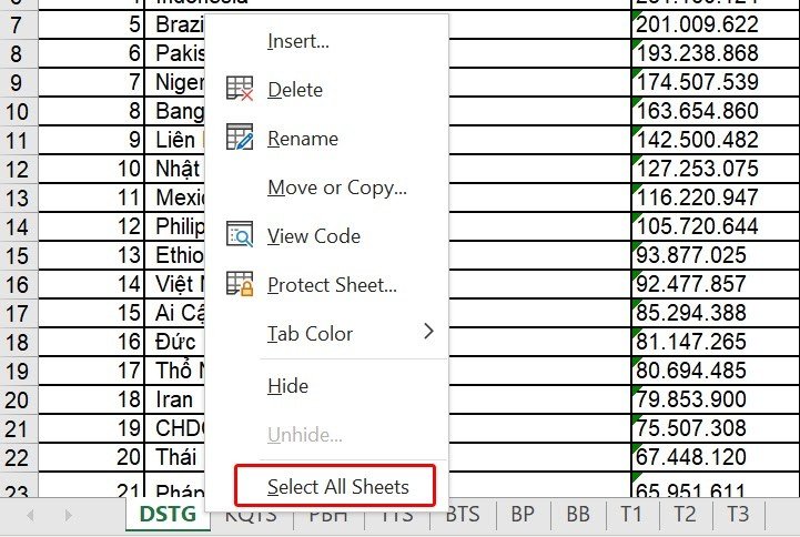 Menu ngữ cảnh xuất hiện khi nhấn chuột phải vào một sheet bất kỳ trong Excel, với tùy chọn Select All Sheets