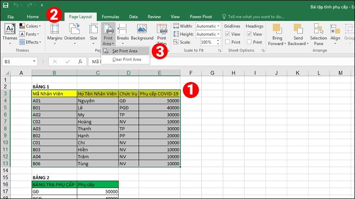 Minh họa thao tác thiết lập vùng in cụ thể trong Excel bằng cách chọn Set Print Area từ menu Page Layout