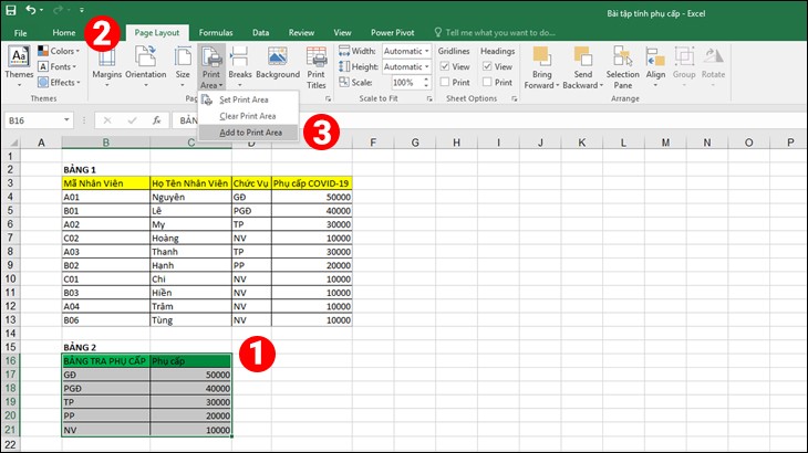 Thao tác mở rộng vùng in đã có bằng cách thêm vùng dữ liệu mới trong Excel
