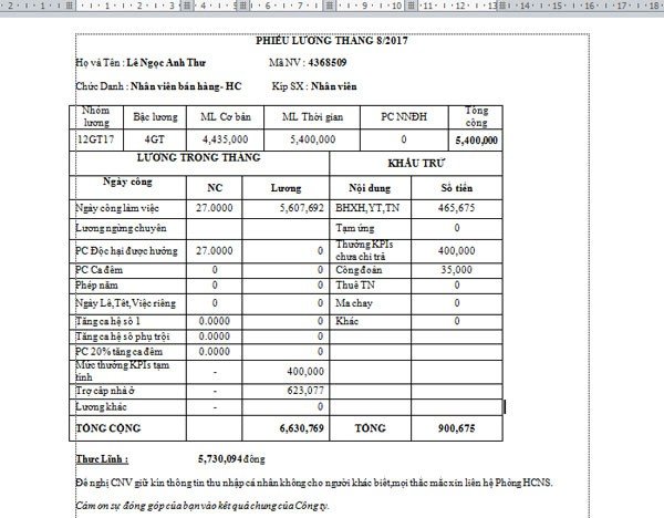 Mẫu phiếu lương được in từ phần mềm