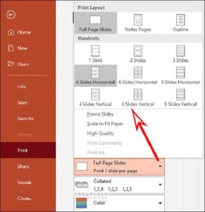 Chọn tùy chọn bố cục 4 slide trên 1 trang khi in PowerPoint