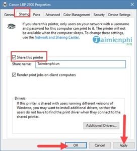 Kích hoạt tùy chọn Share this printer trong tab Sharing để chia sẻ máy in