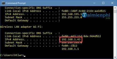 Xác định địa chỉ IPv4 Address từ kết quả lệnh ipconfig để chia sẻ máy in