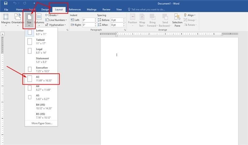 Các bước đổi khổ giấy A4 sang A3 trong Page Layout Word