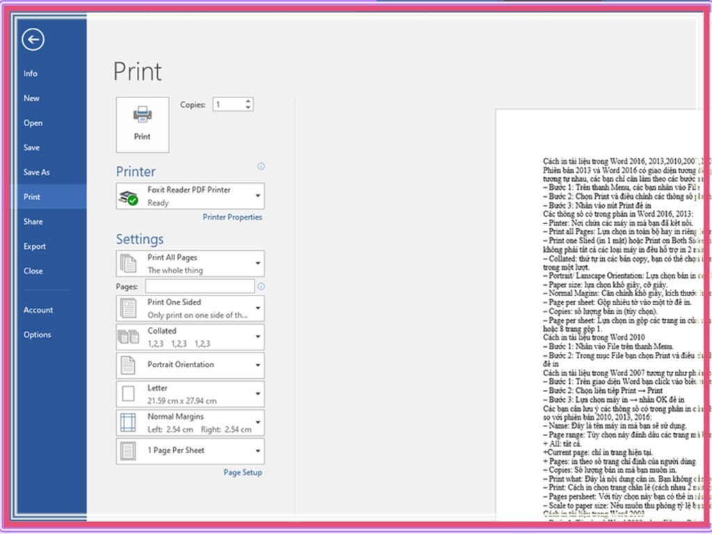 Hộp thoại Print cơ bản khi thực hiện in tài liệu trong Word 2007