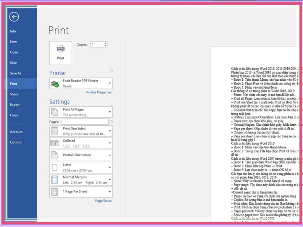 Hộp thoại Print cơ bản khi thực hiện in tài liệu trong Word 2007