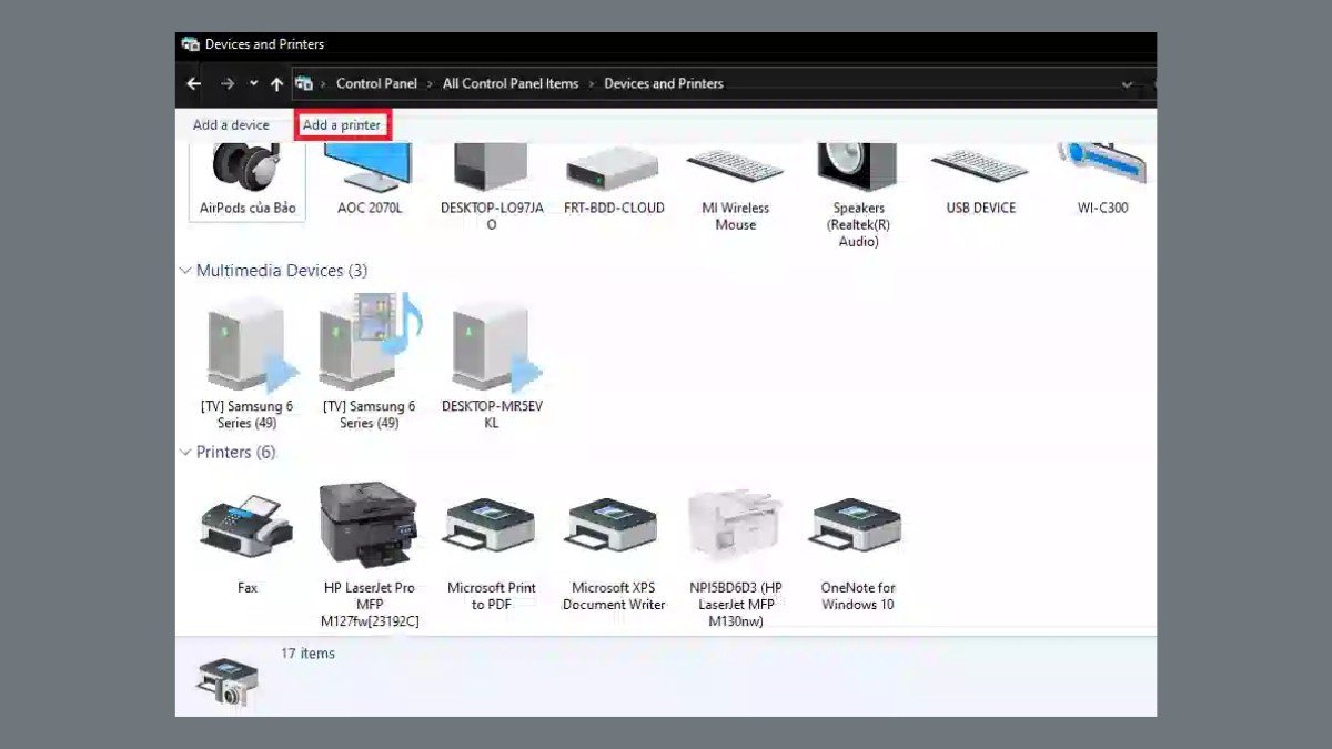 Kiểm tra kết nối máy in và máy tính trong Devices and Printers
