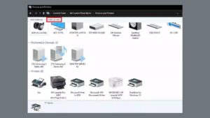 Giao diện Devices and Printers trên Windows hiển thị các máy in đã kết nối, kiểm tra trạng thái máy in