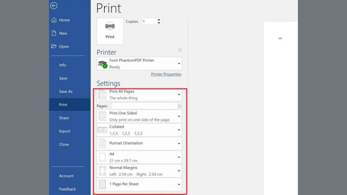 Hộp thoại tùy chọn in với các chức năng cơ bản như chọn máy in, số bản copy khi in tài liệu