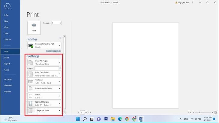 Các tùy chọn cài đặt nâng cao trong hộp thoại Print của Windows 10