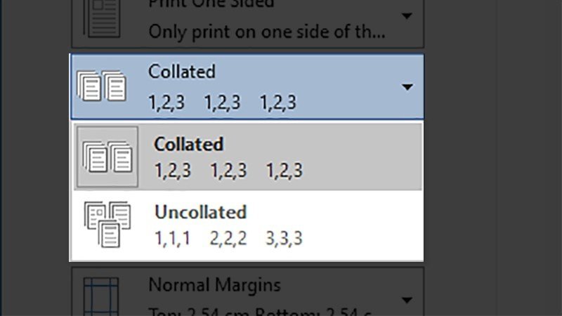 Chọn kiểu sắp xếp Collated hoặc Uncollated khi in nhiều bản tài liệu Word 2013