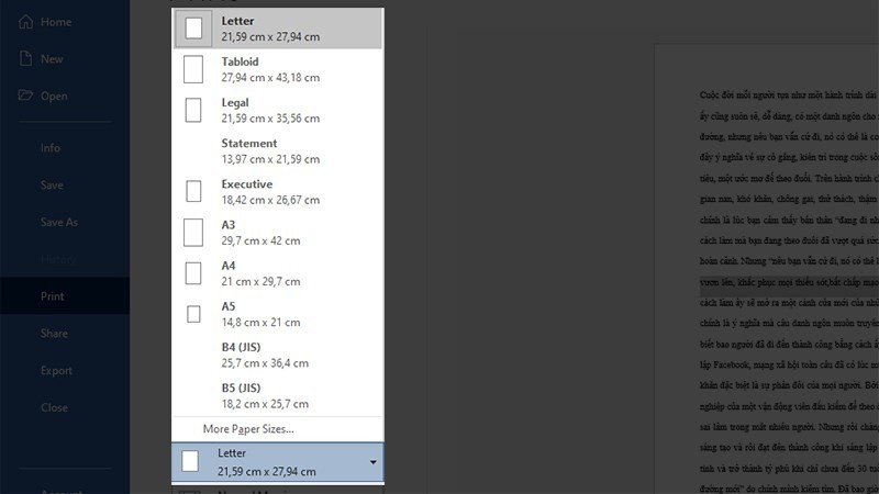 Chọn khổ giấy A4 hoặc kích thước khác khi in tài liệu Word 2016