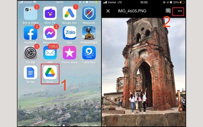 Mở menu tùy chọn của tệp trong Google Drive iPhone để in