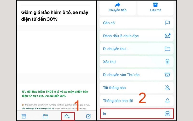 Chọn email muốn in và nhấn biểu tượng chia sẻ để tìm tùy chọn in trên iPhone