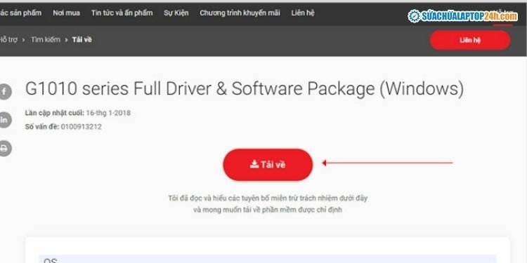 Giao diện tải driver máy in Canon từ trang chủ hỗ trợ cho Windows 10