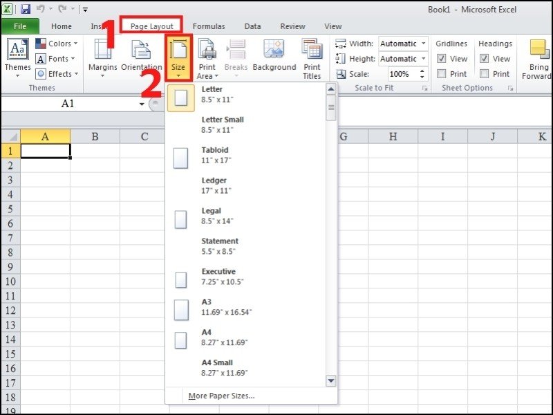Chọn khổ giấy A4, A3, Letter hoặc các kích thước khác trong mục Size của Excel