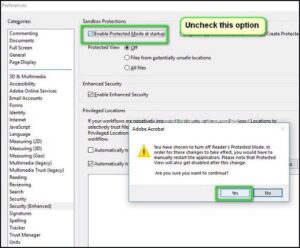 Tắt chế độ bảo vệ nâng cao trong Adobe Reader để sửa lỗi in PDF trên Windows 7