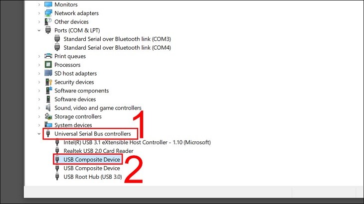Tìm đến mục Universal Serial Bus controllers trong Device Manager