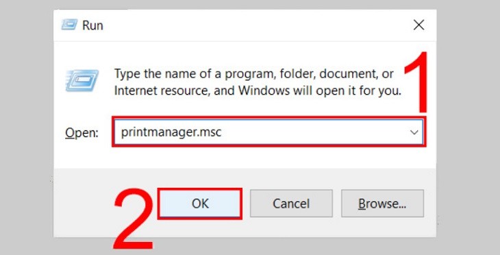 Mở hộp thoại Run và nhập printmanagement.msc để quản lý máy in